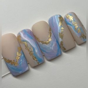 Medium square light blue purple press on nails marble gold foil flakes matte
